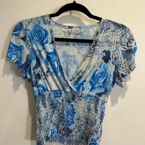 Y2K Blue and White Floral Blouse